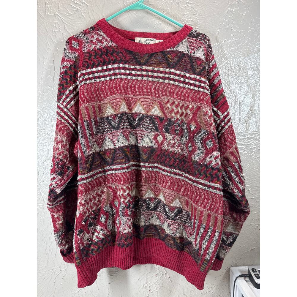 London Fog 90's Cooking Cosby Style Knit Sweater Red Black‎ Men’s Size Large